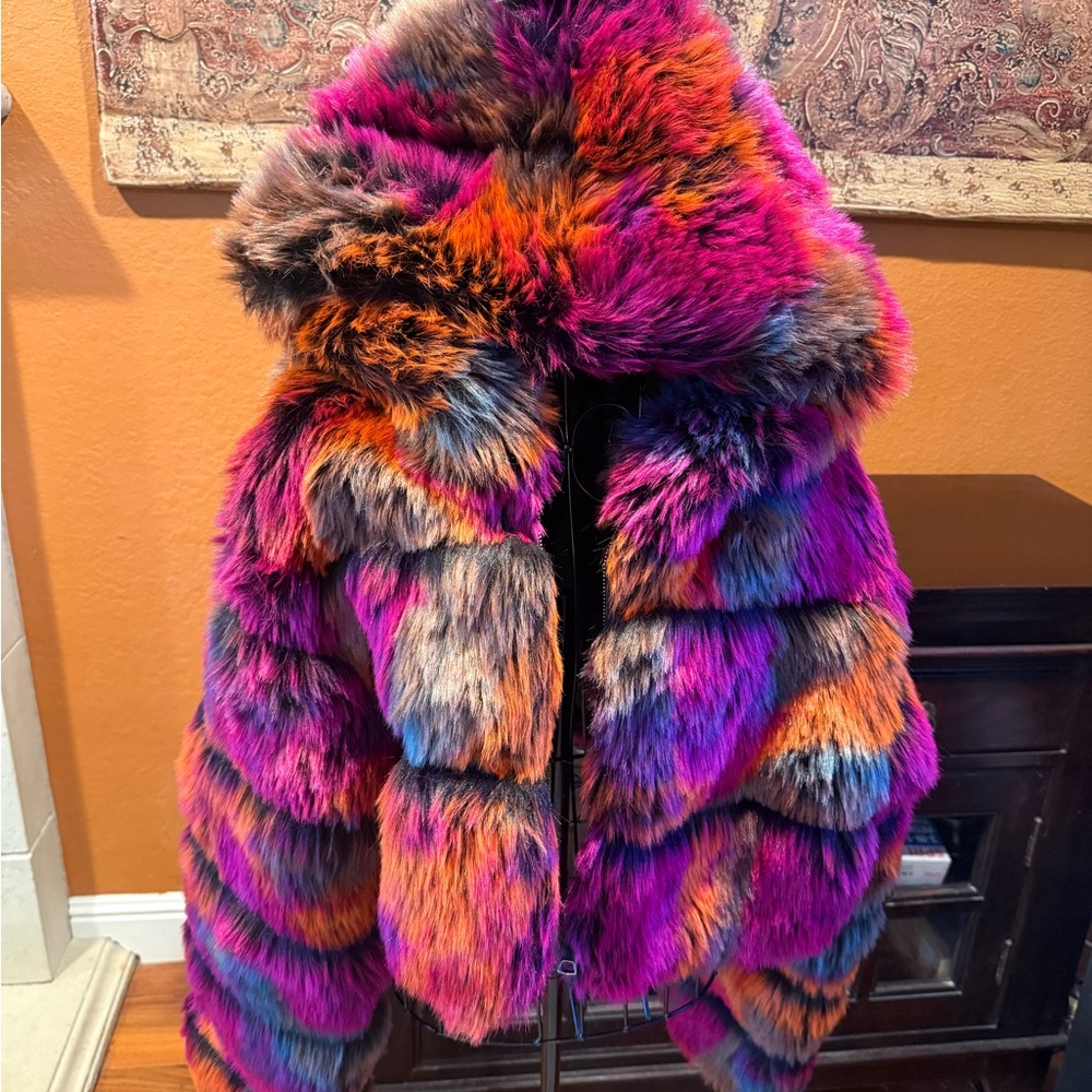 Vibrant Multi-Color Faux Fur Hooded Jacket